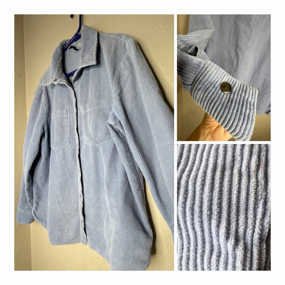 H&M XS Oversized Blue Corduroy Shacket 46" Chest Shirt 100 Cotton Snap Front Y2K